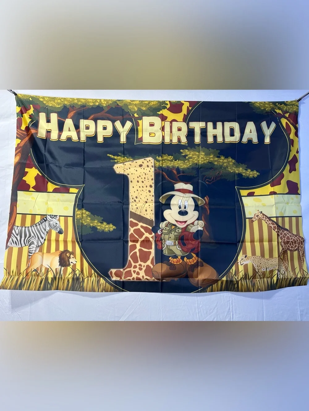 Mickey Mouse 1st Birthday Safari Theme Happy Birthday Backdrop Banner 5x3Ft.